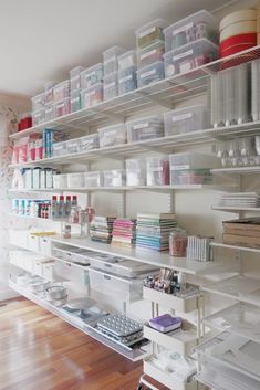 the shelves are full of craft supplies and other items for sale in this storeroom