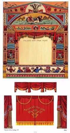 an old theater set with red curtains and gold trimmings on the front, back and