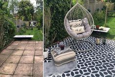 before and after photos of an outdoor patio with hanging chairs, table, and potted plants