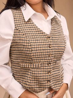 Plus Size Women's Houndstooth Pattern Vest Khaki Casual  Sleeveless Woven Fabric Plaid vest Non-Stretch Fall Women Plus Clothing, size features are:Bust: ,Length: ,Sleeve Length: Plus Size Blazers, Pattern Vest, Plus Size Plaid, Forever 21 Plus Size, Casual Office Wear, Sleeveless Blazer, Skirt Suit Set, Plaid Vest, Cropped Leather Jacket