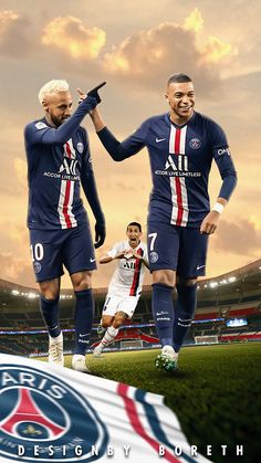 two soccer players standing next to each other in front of a stadium with the words paris saint - germain on it