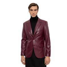 Create a suave look in this fine PU leather blazer with notched lapels and a slim, figure-hugging silhouette, making it a classy, easy-to-wear option that's a great addition to almost any outfit. Tailored from environmentally friendly materials and treated to resist stains and water for maximum longevity and durability. Men's Leather Jacket PU Leather Exterior Slim-Fit Notch Lapel Single-Breasted, Two-Button Closure 3 Exterior Pockets Dry Clean Only Imported Sleek Tailored Fall Suits, Sleek Fall Suits With Hidden Button Closure, Fall Slim Fit Blazer With Lapel Collar, Fitted Leather Sport Coat For Semi-formal Occasions, Modern Tailored Blazer For Fall, Fall Office Blazer, Slim Fit, Luxury Lapel Collar Blazer For Night Out, Luxury Notch Lapel Blazer For Night Out, Modern Fitted Suits For Fall