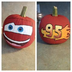 two pumpkins decorated to look like cartoon characters with numbers painted on them and eyes