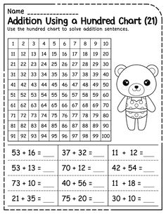 addition using a hundred chart 2 worksheet for students to practice addition and subtraction