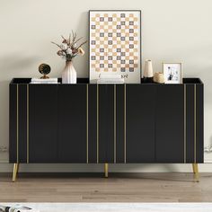 a black and gold sideboard in a living room