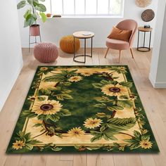 a green rug with sunflowers on it in front of a chair and table