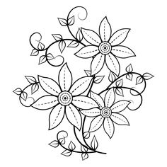 a black and white drawing of flowers with leaves on them, in the shape of a flower