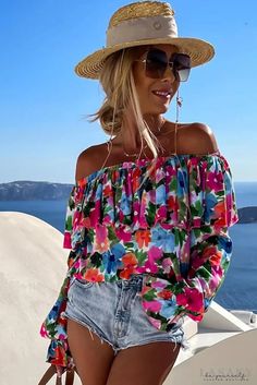 Lasaky - Off-the-shoulder blouse with ruffles in a floral print Casual Off-shoulder Ruffle Tops, Casual Off-shoulder Top With Ruffles, Spring Off-shoulder Ruffle Top, Trendy Spring Off-shoulder Top With Ruffles, Summer Long Sleeve Off-shoulder Top With Ruffles, Summer Off-shoulder Top With Long Sleeves And Ruffles, Trendy Off-shoulder Beach Blouse, Trendy Off-shoulder Top With Ruffles And Long Sleeves, Summer Off-shoulder Ruffled Tops