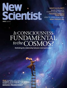 the cover of new scientist magazine with a man on a ladder reaching up into the sky