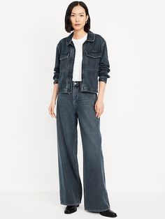 High-Waisted Baggy Wide-Leg Jeans | Old Navy Utility Button-up Bottoms For Fall, Button-up Utility Bottoms For Fall, Fall Utility Button-up Bottoms, Fall Utility Jeans With Button Closure, Casual Bottoms With Patch Pockets, Casual Button-up Bottoms With Patch Pockets, Casual Fall Jeans With Buttoned Pockets, Casual Fall Jeans With Flap Pockets, Button-up Jeans With Patch Pockets For Fall