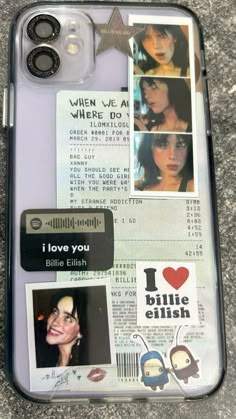 a cell phone case with pictures and words on the back, along with an i love you sticker