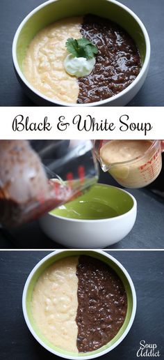 black and white soup in two bowls with spoons