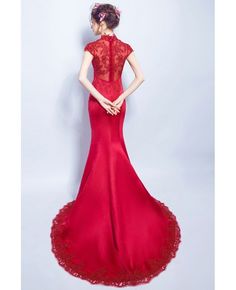 Shop cheap Modest Trump Burgundy Evening Dress Trained With Lace Trim online. Custom-made any plus size or color. Pro since 2009. Chinese Dress Traditional, Nail Pearl, Modern Chinese Dress, Red Chinese Dress, Wedding Qipao, Burgundy Evening Dress, Cheongsam Modern, Dress Train, Dress Traditional