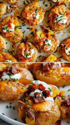 several different types of appetizers on a white platter, including potatoes and bacon