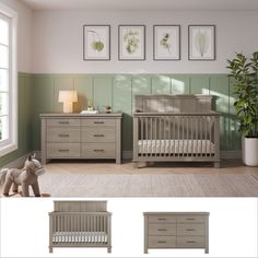 a baby's room with two cribs, dresser and bed in it