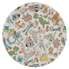 a paper plate with cartoon characters on the front and back side, all in different colors