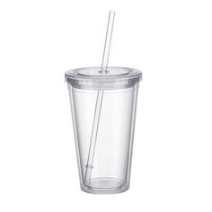 a clear plastic cup with a straw in the middle and lid is shown on a white background