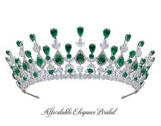 Emerald CZ Wedding and Quince Tiara You'll feel like royalty while wearing this exquisite tiara! Add a sparkling pop of color to your wedding day or quinceanera with this fabulous cz tiara. The intricately designed headpiece is plated in silver platinum and is decorated with brilliant 5A quality emerald green and clear cz crystals. The 2 1/2" height gives a majestic look to this stunning tiara. Size: 2 1/2" tall at its peak. Color: Silver/ Emerald Green/ Clear. Style: hp149. Please allow 3 weeks Emerald Crown, Green Tiara, Winter Wedding Nails, Emerald Tiara, Russian Emerald, Quinceanera Accessories, Winter Birthday Invitations, Bridgerton Wedding, Winter Wedding Accessories