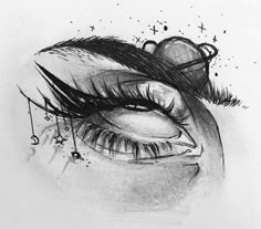 a black and white drawing of a woman's eye with stars on her forehead