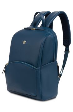 Pebbled faux leather adds contemporary-chic style to this roomy backpack that features a laptop sleeve and plenty of storage for your necessities. 13.5" x 10.5" x 1" Zip-around closure Top carry handle Adjustable padded shoulder straps Exterior features zipper pocket, trolley strap Interior features laptop sleeve, water-bottle pocket, slip pocket Polyester Spot clean Imported Modern Laptop Bag For Back To School, Modern Leather Backpack For Back To School, Office Laptop Backpack With Zipper Closure, Leather Office Backpack With Zipper Pocket, Modern Faux Leather Backpack For Travel, Elegant Leather Backpack With Zipper For School, Travel Backpack With Zipper Pocket In Faux Leather, Leather Backpack With Zipper Pocket For Office, Office Backpack With Laptop Sleeve