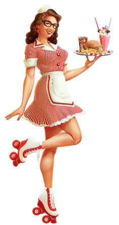 a woman dressed in red and white is holding a plate with food on it while wearing roller skates