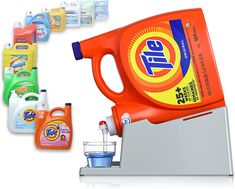 several different types of detergents and bottles on a white background with one being used as a dispenser