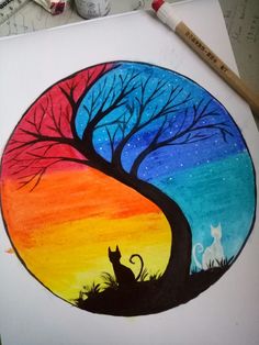 a drawing of a cat sitting in front of a tree with the moon and stars painted on it