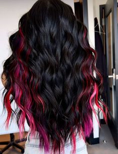 Dark Hair With Colored Extensions, Bold Hair Colors For Brunettes, Red Pink Black Hair, Black Hair With Red And Pink Highlights, Black And Purple Halo Hair, Black Hair With Vivid Highlights, Vivid Halo Hair, Black With Peekaboo Color, Black Hair With Bright Colors