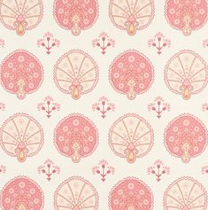 a pink and white wallpaper with an ornate design on the front, in various colors