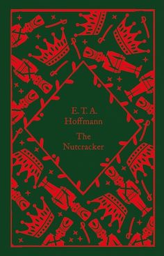 a book cover with red and green designs on it, in the center is an image of