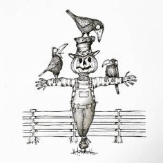 a drawing of a scare with two birds on his head and one bird perched on the back of it's head