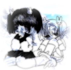 a drawing of two people sitting next to each other with one holding a stuffed animal