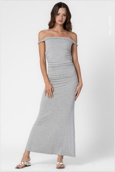 Be daring and make a statement with our Canyon Off The Shoulder Ribbed Maxi Dress! This tantalizing dress offers both sexiness and comfort with its form-fitting ribbed fabric and twisted off-shoulder neckline. The ruched side detail ensures the perfect fit, while the versatile design allows for both dressed-up and casual looks. Let your wild side shine in this bold, yet undestated, maxi-length dress! Color: Gray Ribbed Side Ruched Detail Twisted Off The Shoulder Sleeve Extra Soft Ribbed Fabricat Off The Shoulder Long Dress, Vintage Denim Vest, Hair Wrap Scarf, Ribbed Maxi Dress, Asymmetrical Neckline, Viscose Rayon, Old Hollywood Glamour, Crop Top Sweater, Crop Top Blouse