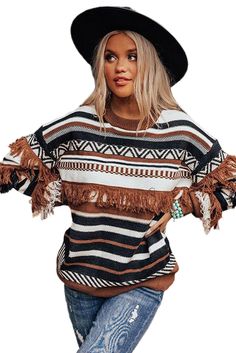 Multicolor Round Neck Striped Sweater with Fringe Brown Fringe Tops For Fall, Brown Fringe Top For Fall, White Fringe Tops For Fall, Round Neck Sweater, Chic Sweaters, Round Neck Sweaters, Outdoor Style, Striped Sweater, Winter Sweaters