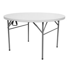 a white round table with black legs on a white background, viewed from the front