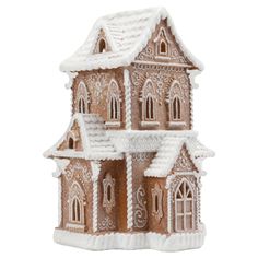 a gingerbread house with snow on the roof and windows is shown in front of a white background