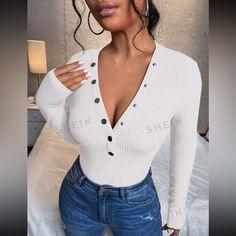 This White Top Is Brand New Never Worn. Form Fitting White Ribbed Top With V Neck And Snap Button Detailing. Sexy But Casual. Buttons Can Be Adjusted For Different Looks. Size Large. Smoke Free Home. Ribbed Button-up Top For Winter, Ribbed Button-up Winter Top, Winter Ribbed Button-up Top, White Ribbed Top, Ribbed Tee, Ribbed Top, Shein Tops, White Top, White Long Sleeve