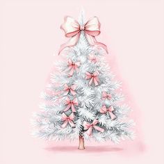 a pink and white christmas tree with bows on it's top, against a pink background