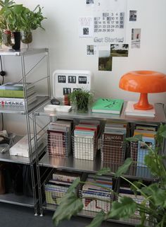 a book shelf filled with lots of books next to a lamp and potted plant