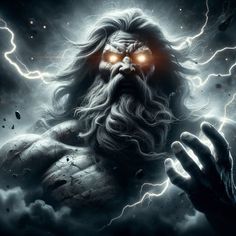 a man with long hair and red eyes surrounded by lightning