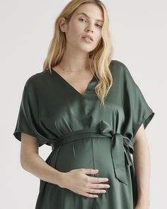 An elevated upgrade to basic maternity wear. This easy-to-wear silhouette is perfect for a date night or destination wedding. With a removable belt, there are multiple ways to wear it. This super flattering fit is made from 100% mulberry silk, in a satin finish. The best part…our silk is washable. Easy to style and easy to wash for low-maintenance luxe. Plus, silk fiber contains 18 kinds of amino acids that make it amazing for skin nourishment, hypo-allergenic, and naturally thermoregulating to Silk Maternity Dress, Maternity Overalls, 7 Months Pregnant, Silk Tee, Pre Pregnancy, Linen Short, Silk Tank, Silk Pajamas, Collar Blouse