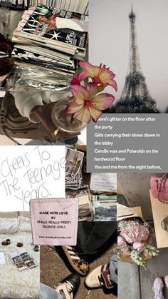 a collage of photos with the eiffel tower in the background and flowers