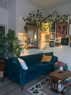 a living room filled with lots of plants and pictures on the wall above it's couch