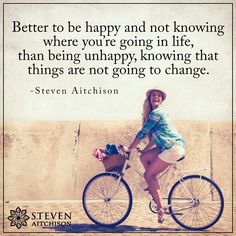 a woman riding a bike with a basket on the handlebars and a quote about being happy