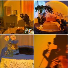 four different pictures show the shadows of people in their living room, bedroom and dining area