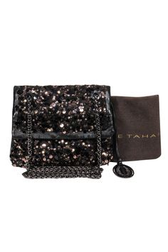 Current Boutique-Elie Tahari - Black Leather Crossbody w/ Brown Sequins Embellished Leather Party Bag, Glamorous Sequined Shoulder Bag For Night Out, Glamorous Sequin Shoulder Bag, Glamorous Sequin Bag For Night Out, Chic Sequins Shoulder Bag For Night Out, Chic Sequined Shoulder Bag, Sequin Bags For Night Out And Party Season, Chic Formal Sequin Shoulder Bag, Brown Crossbody Shoulder Bag For Party