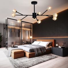 a bedroom with a bed and lights on the ceiling