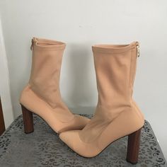 Never Worn Nude Colored Size 8 Lycra Boots By Ego With Back Zipper And 4.5” Heel. Summer Heeled Boots With Round Toe, Summer High Ankle Heels With Reinforced Heel, Spring High Ankle Heels With Padded Ankle, Casual Beige Pointed Toe Heels, Fitted Ankle Heeled Boots For Summer, Casual Summer Ankle Heeled Boots, Casual High Heel Solid Color Boots, Beige High Ankle Heels, Fitted Synthetic Summer Boots