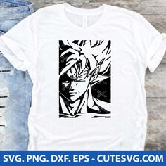 a white shirt with black and white artwork on it, featuring the face of gohan