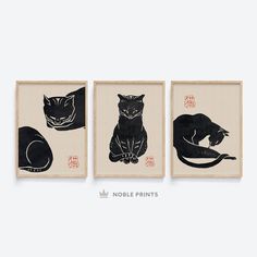 three black and white pictures with cats on them